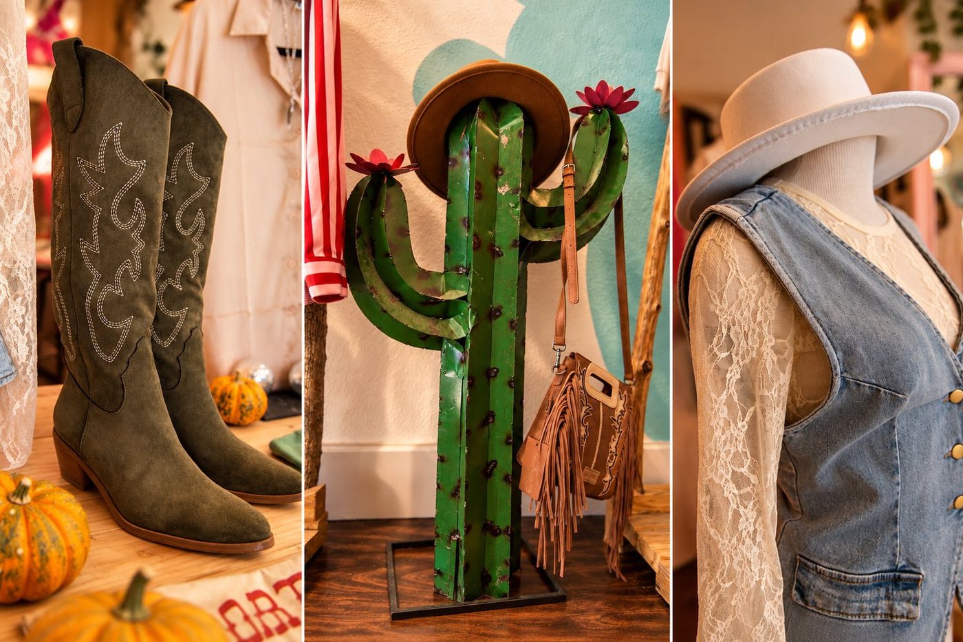 Styled boutique merchandise: suede western boots, a metal cactus wearing a hat and fringe bag, and a denim vest over lace