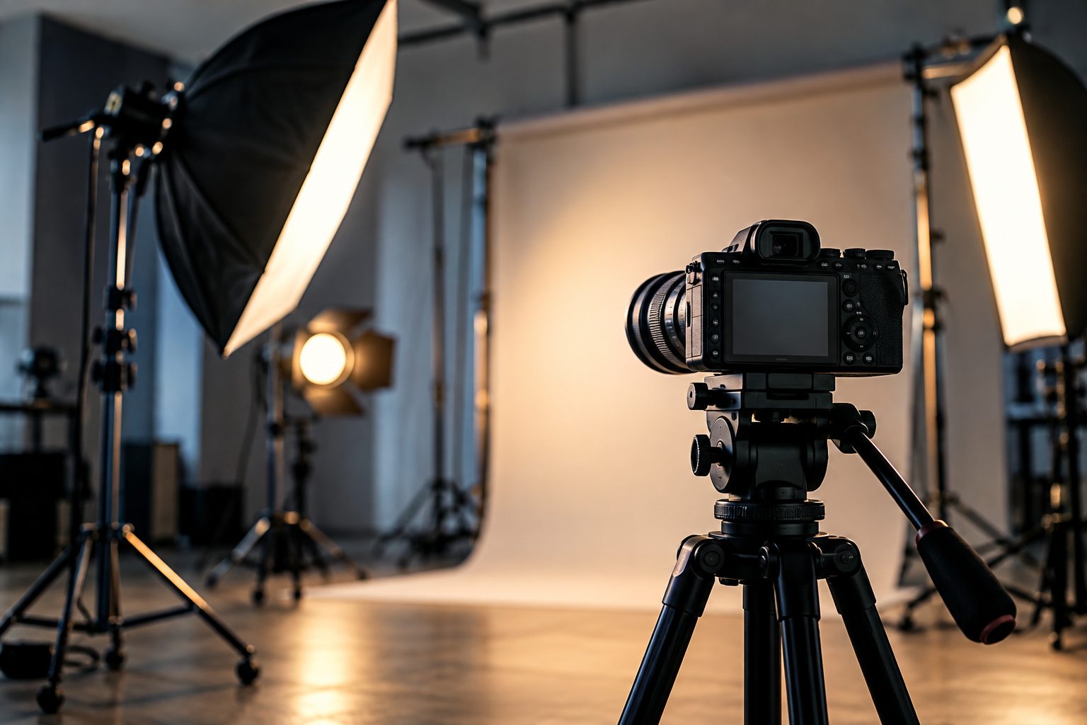 A camera on a tripod facing a lit studio backdrop between softbox lights, set up for a production day