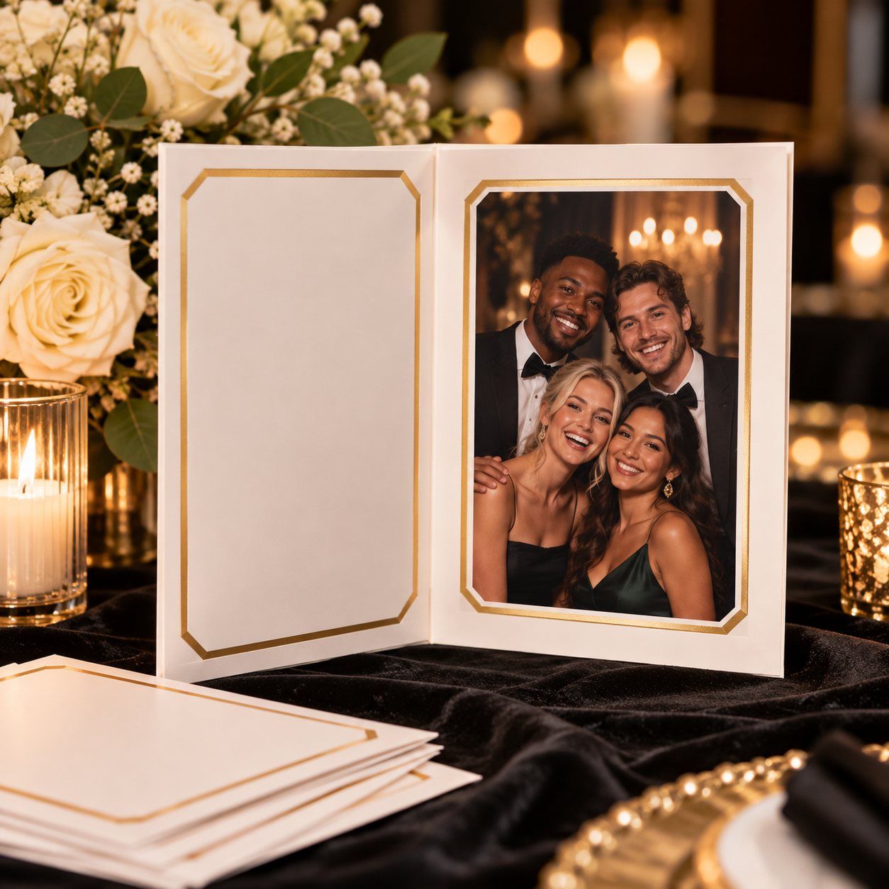 An open ivory keepsake folio with gold-foil trim holding a group portrait of four friends, on a black velvet table with roses and candles