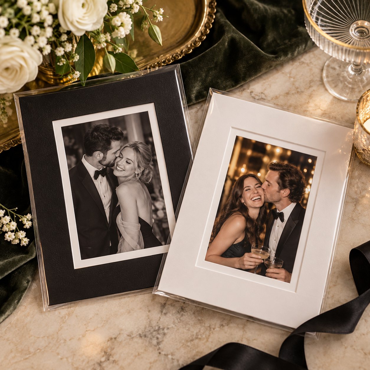 Two portraits in gallery mats, one black and one white, each in a clear sleeve on a marble table with flowers and champagne glasses