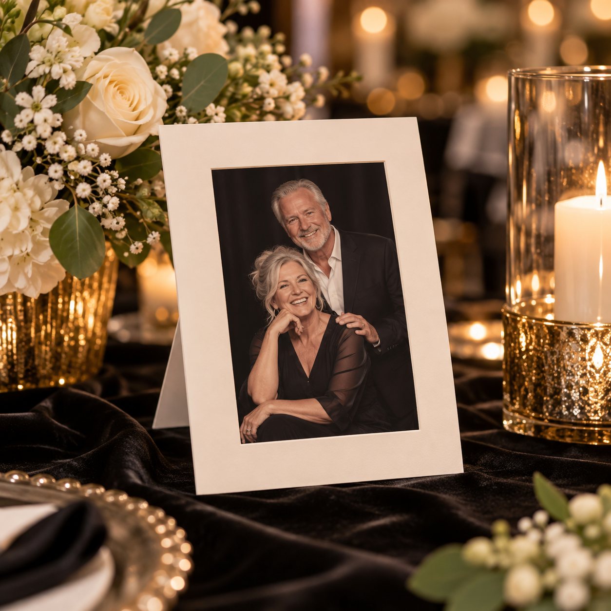 A portrait of a smiling couple in a white freestanding easel-back frame on a black velvet table with roses and candles