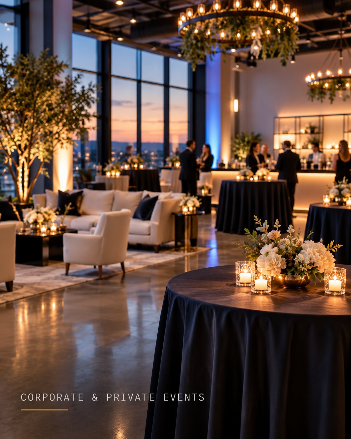 An evening corporate reception with lounge seating, candlelit cocktail tables and a city view at sunset
