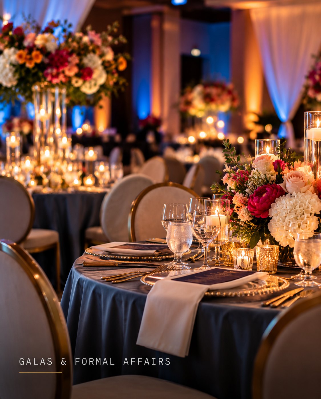 A candlelit gala table with bold florals, gold chargers and slate linens