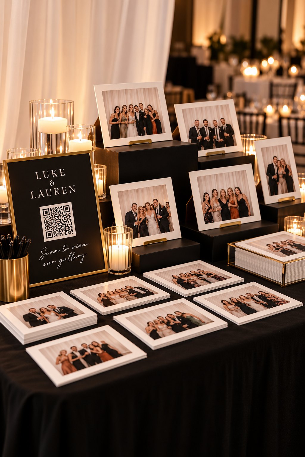 A candlelit keepsake table of framed guest portraits beside a gallery QR sign