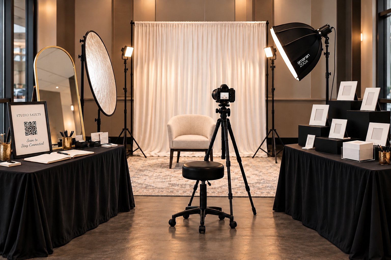 A Society Portraits setup with studio lights, an ivory backdrop and chair, a guestbook table and keepsake frames