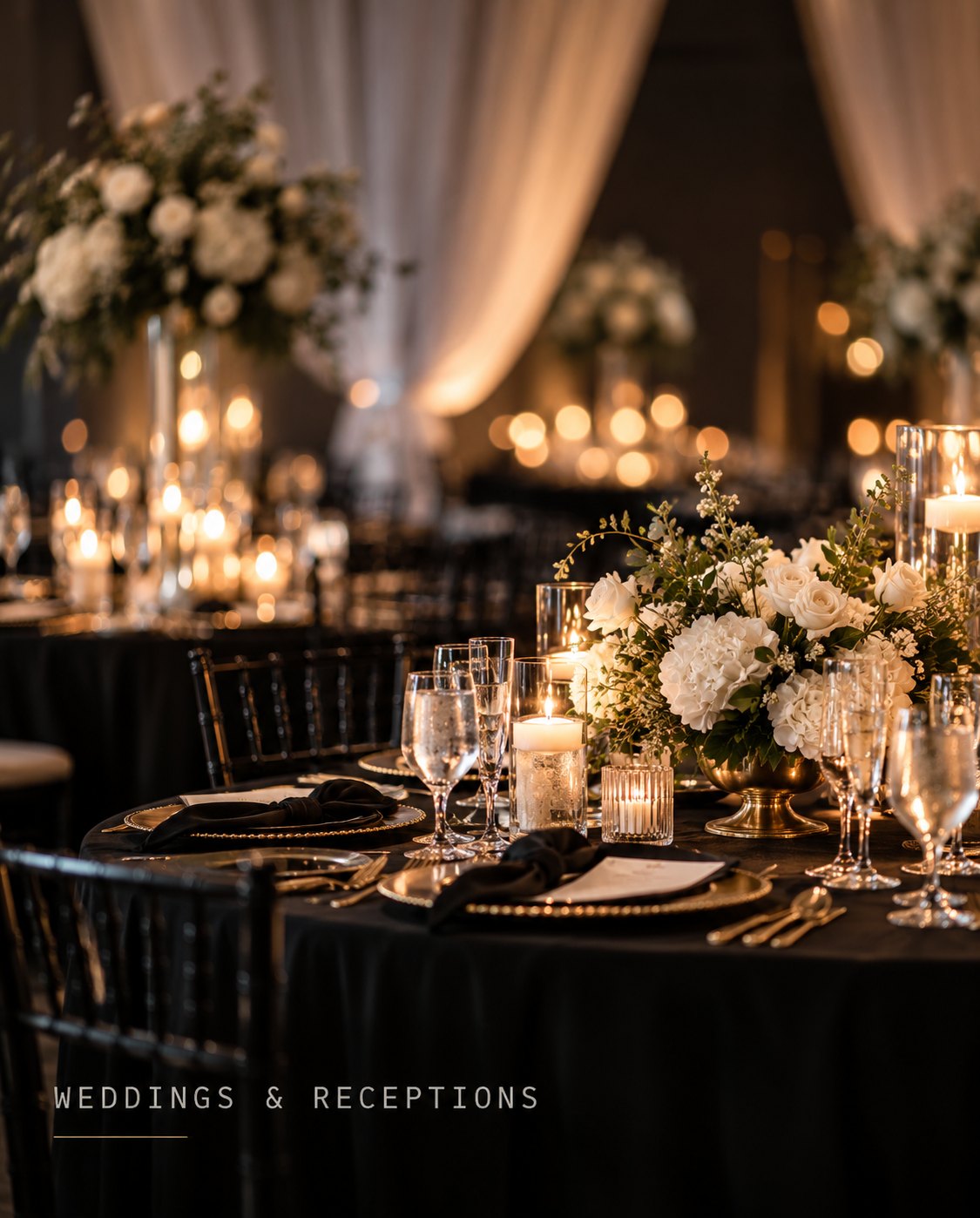 A candlelit reception table with white florals, gold chargers and black linens